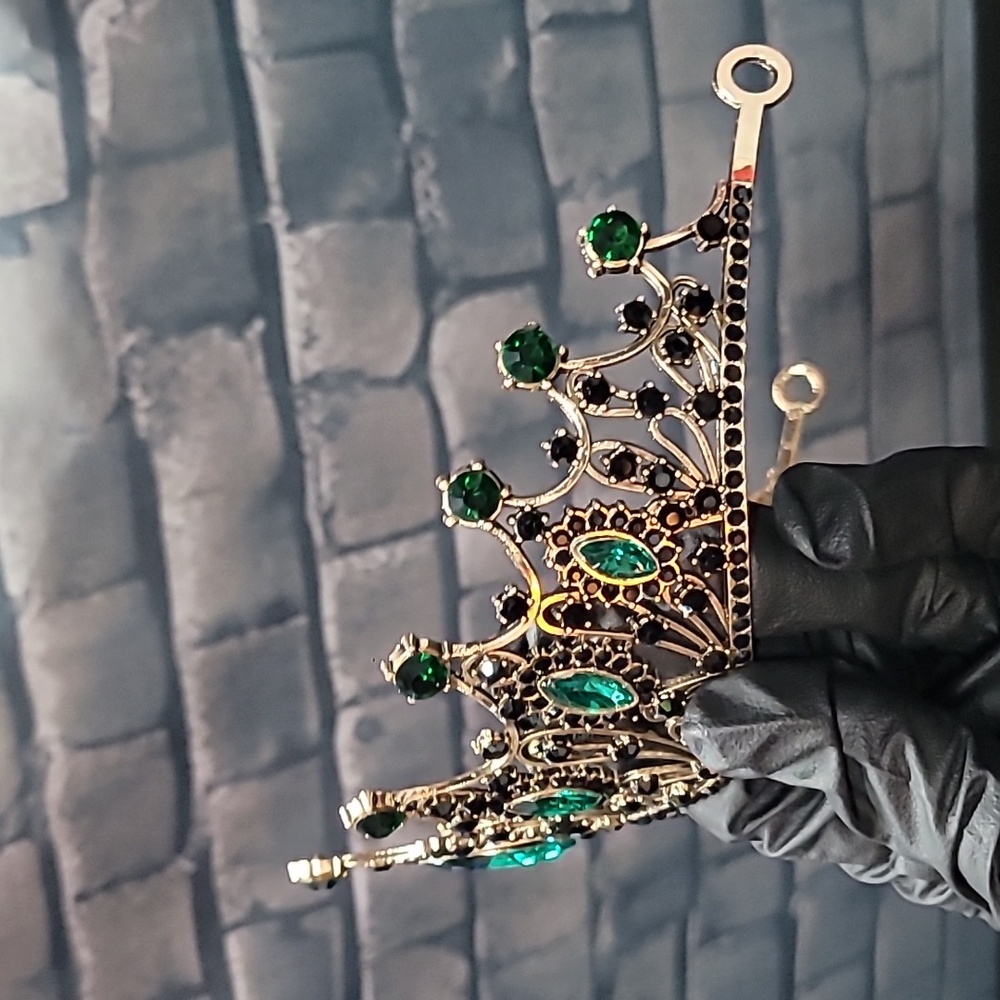 Elegant Metal Gold Tiara with Green & Black Rhinestone Accents - Picture 9 of 12